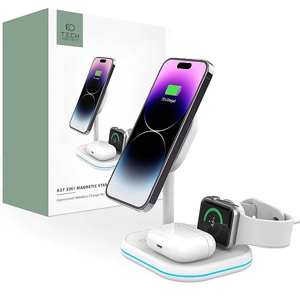 Tech-Protect Qi15W-A27/3In1 Magnetic Magsafe Wireless Charger White