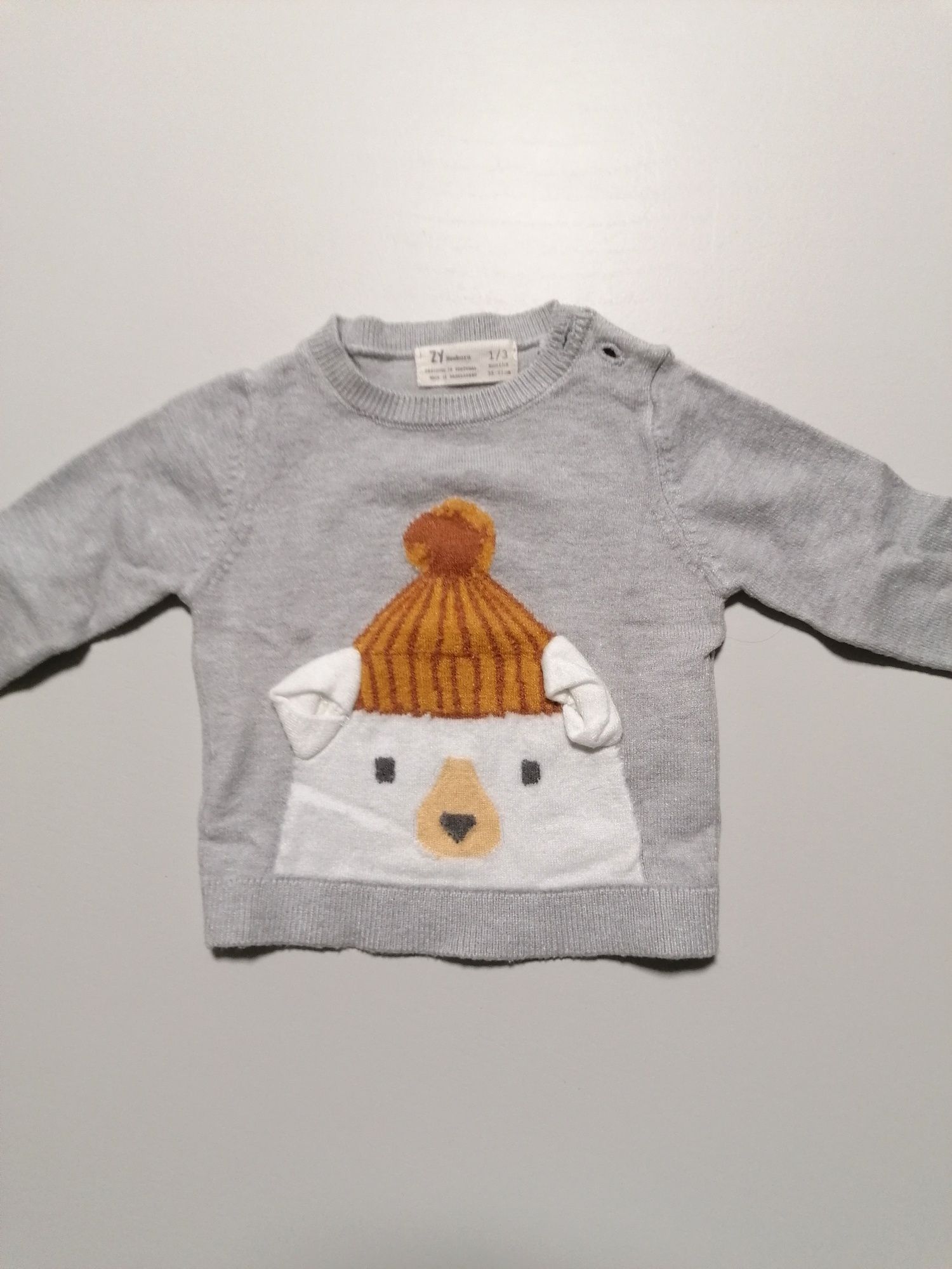 Camisola de Malha Cinza com Urso, de Bebé Menino