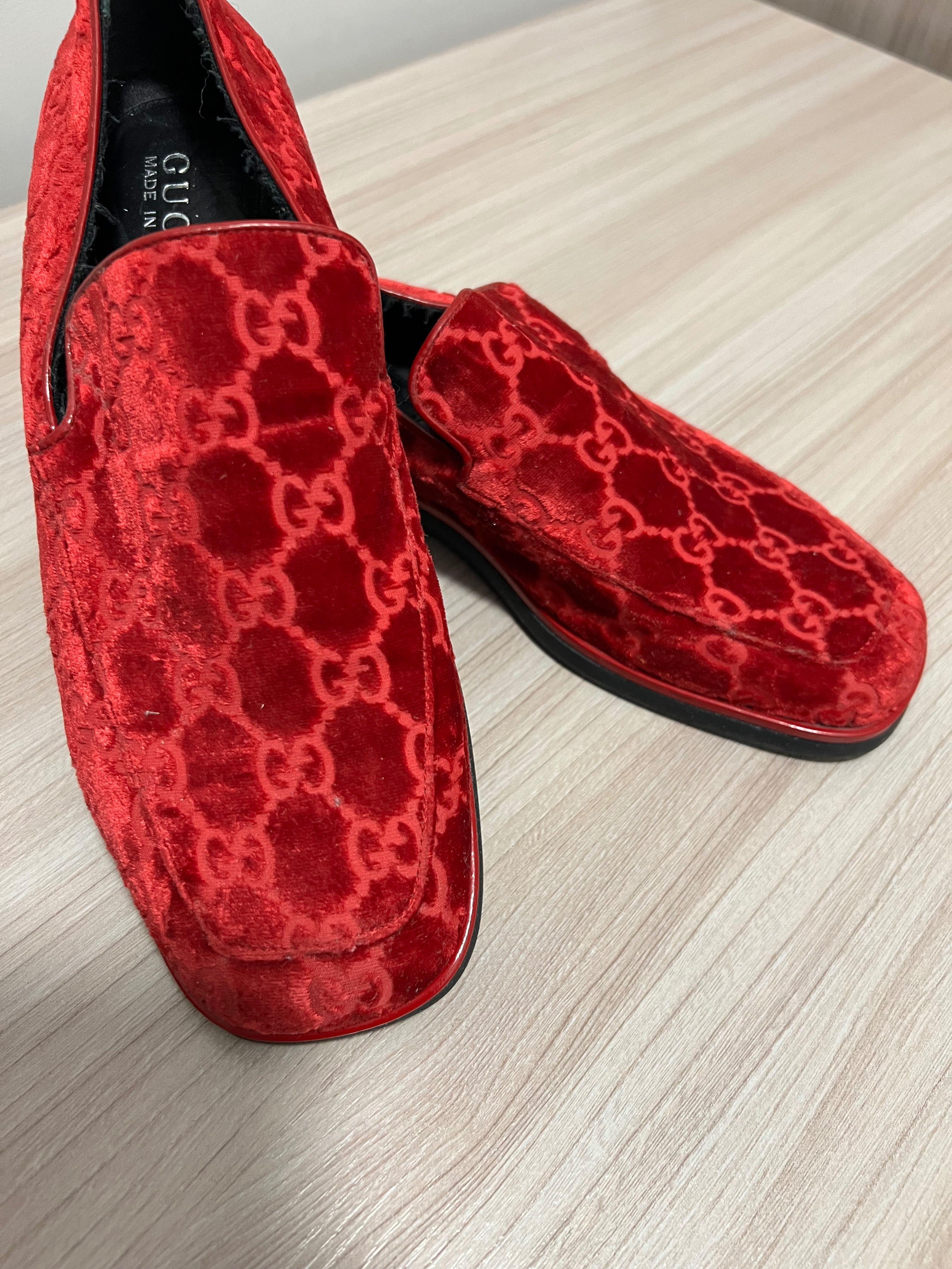 Gucci Red Velour Monogram Loafers 38