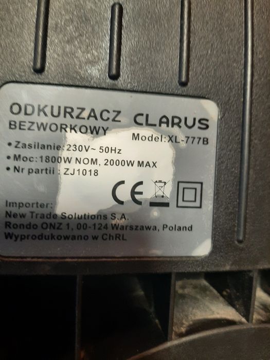 Odkurzacz bezworkowy Clarus mod.XL-777B mocny zadbany sprawny moc 2000