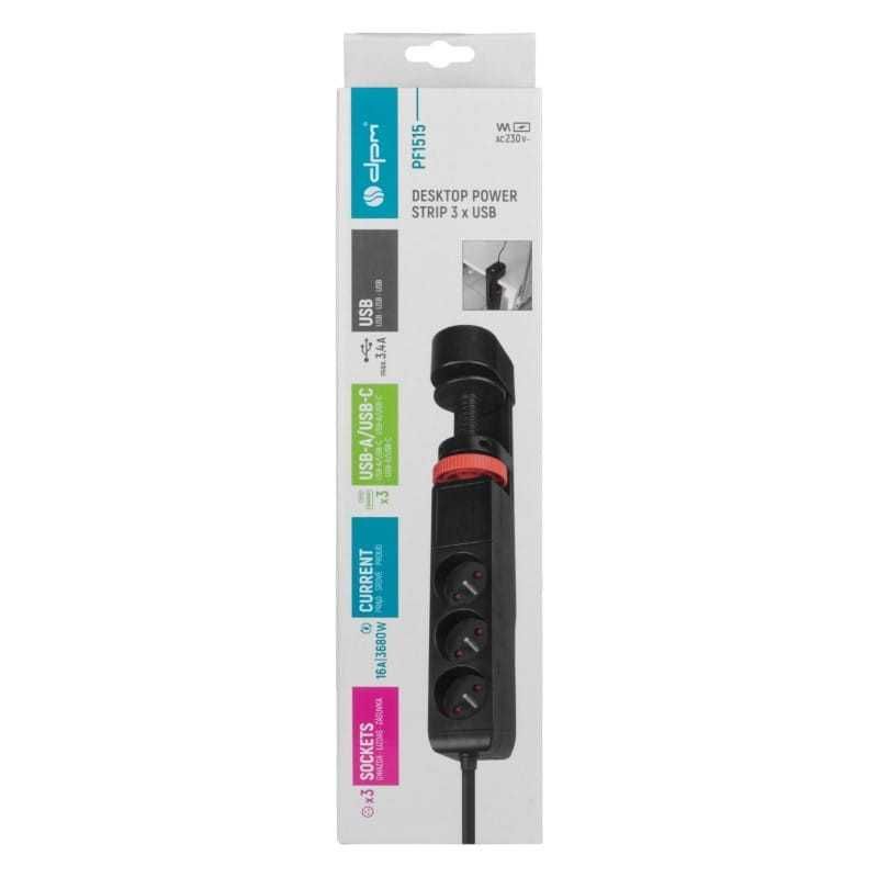 Listwa podblatowa, 3 gniazda, 3 x USB, 1,5 m, czarna lub biała