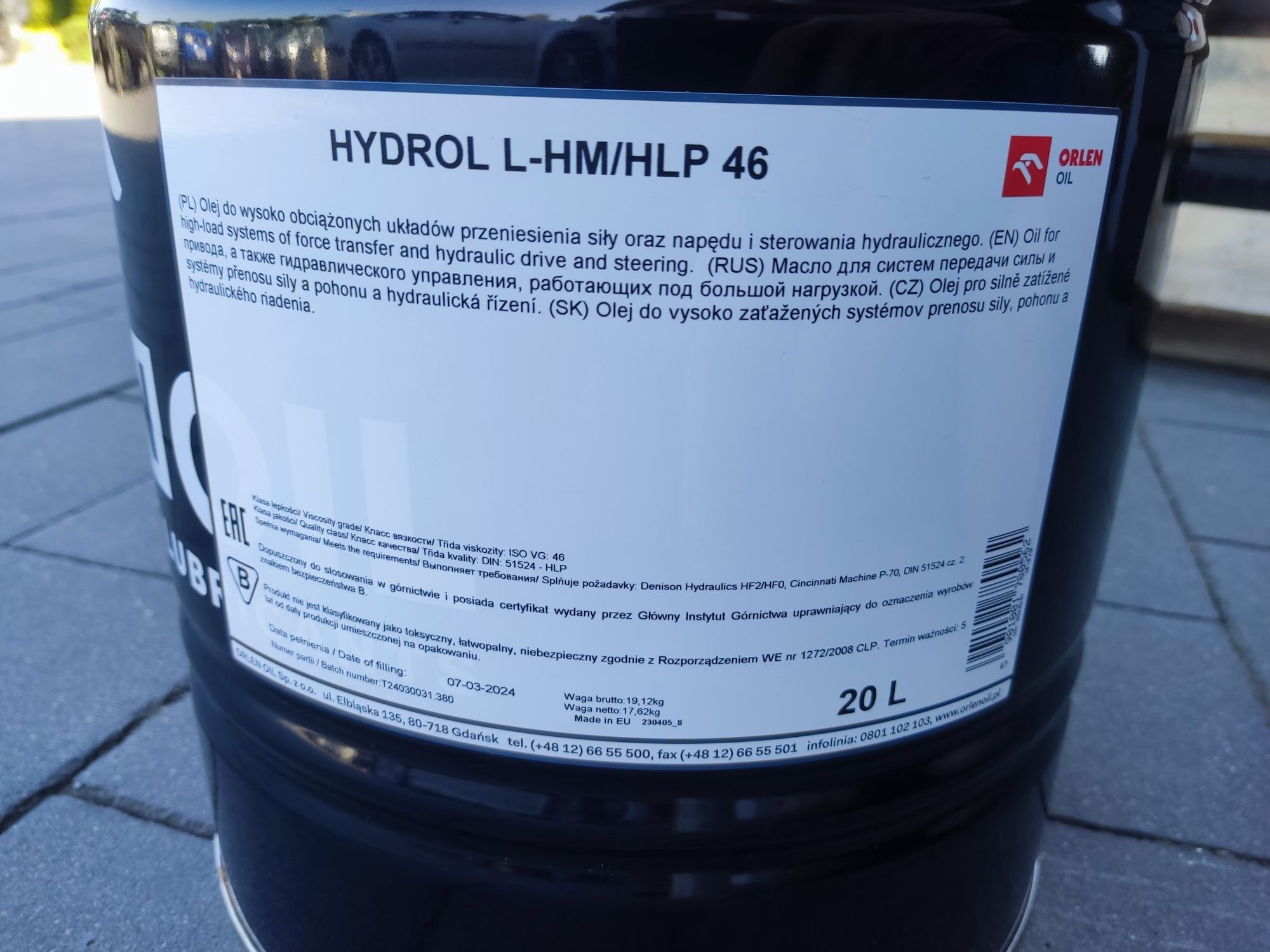Olej hydrauliczny Hydrol L-HM/HLP 46 ORLEN 20L litrów