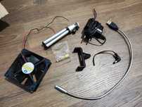 Wentylatror, przejściówka mały/duży jack, uchwyt, lampka USB, zasilacz