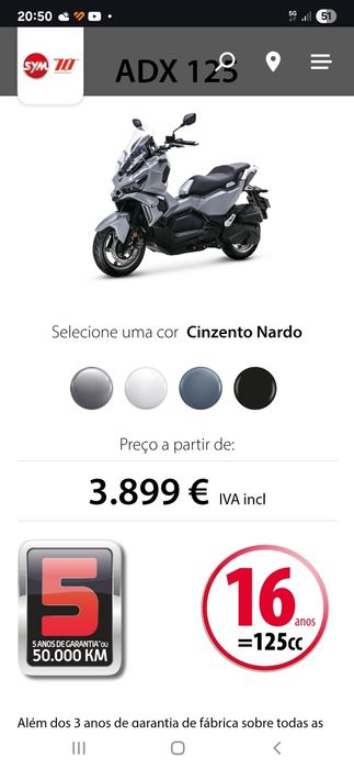 Sym ADX 125 com topcase incluído e garantia até 12/2029.
