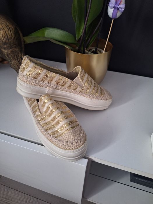 Espadryle 40 złote wiosenne buty gruba podeszwa platforma