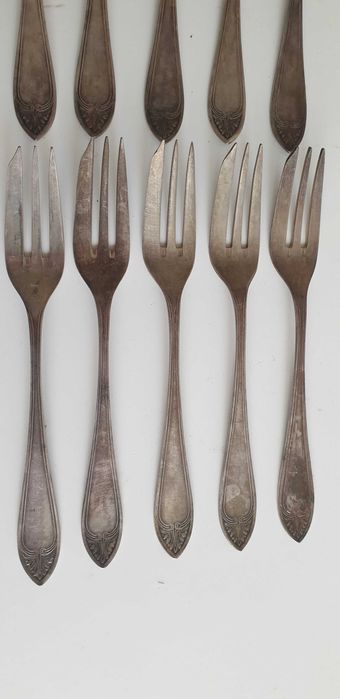 Starocie z Gdyni - Stare sztućce posrebrzane zestaw 11 widelczyków