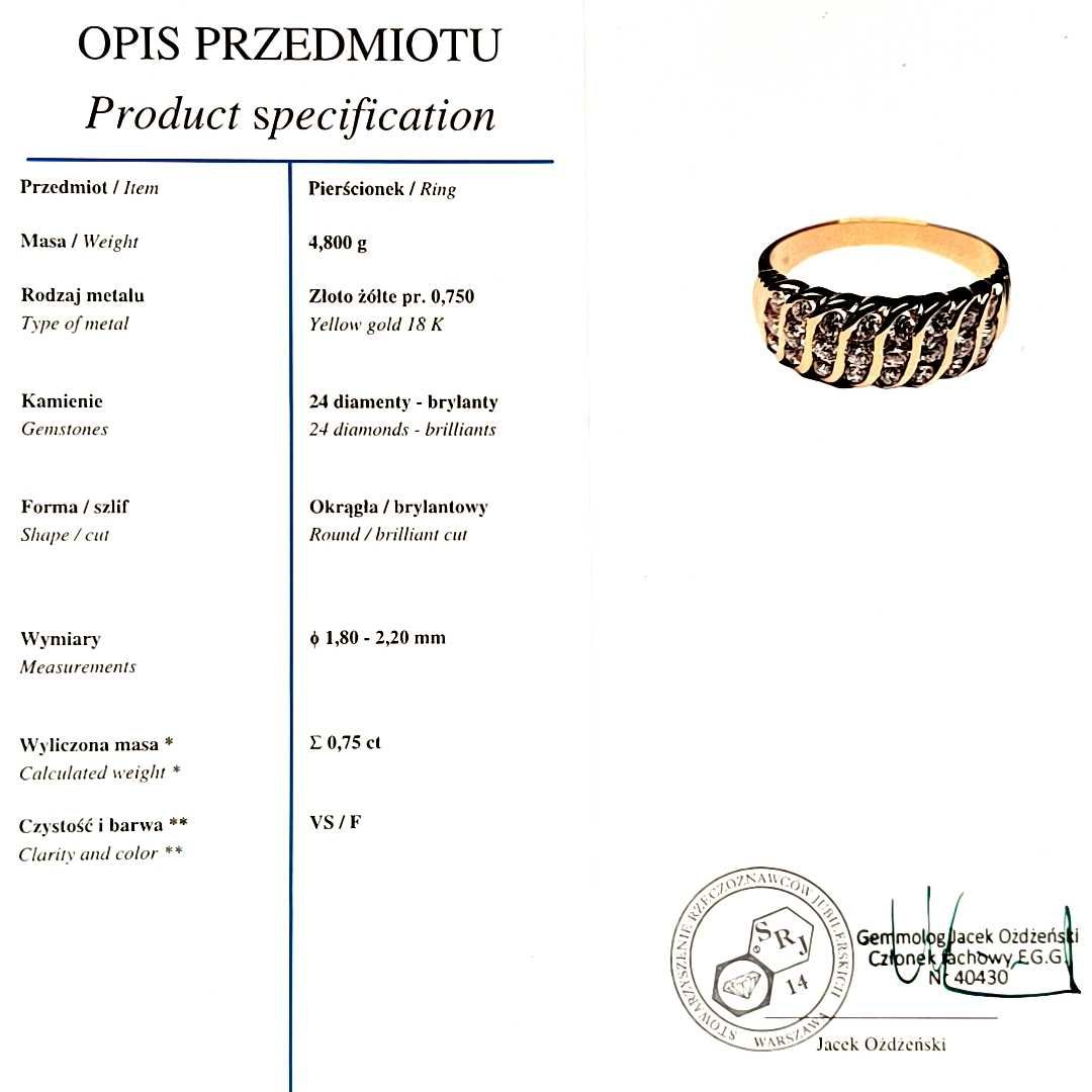 Złoty pierścionek z brylantami 0,75 ct
