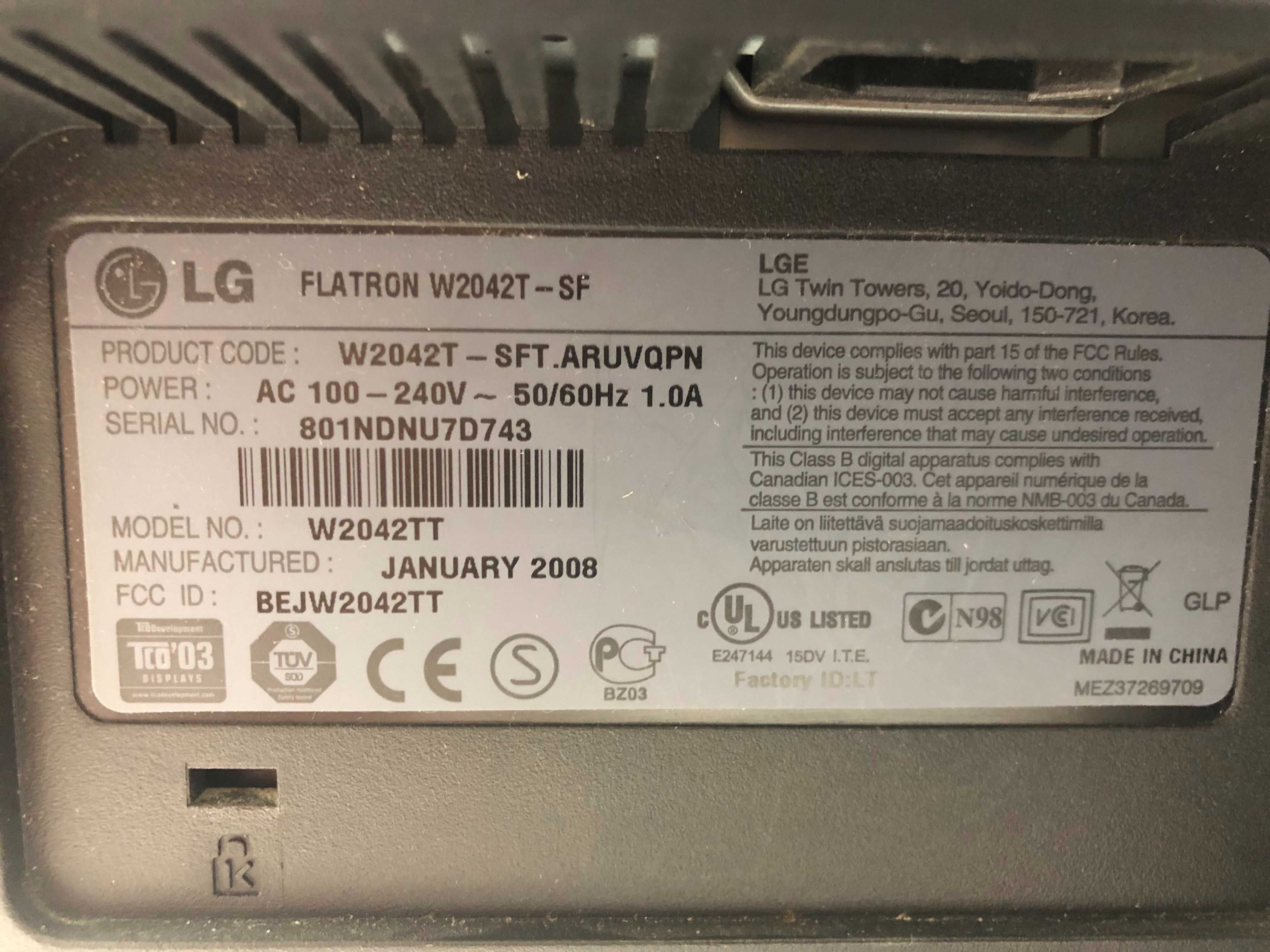 LG Flatron W2042T-SF Silver 20''