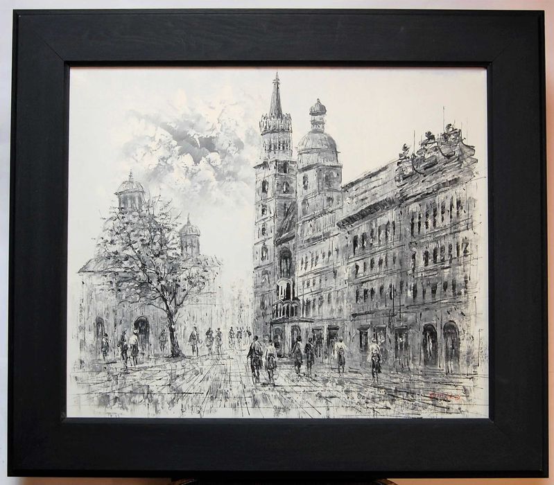 Kościół Mariacki, Kraków, obraz olejny, czarno-biały, impresjonizm