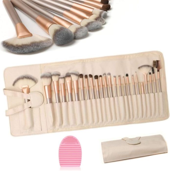 Conjunto 24 pincéis de maquilhagem em bolsa e com limpador - NOVO