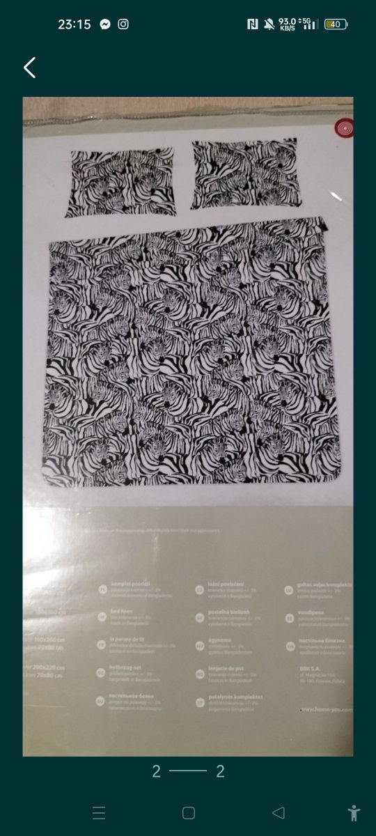 Pościel satynowa biało-czarna w zebry,200x220,2 poszewki 70x80