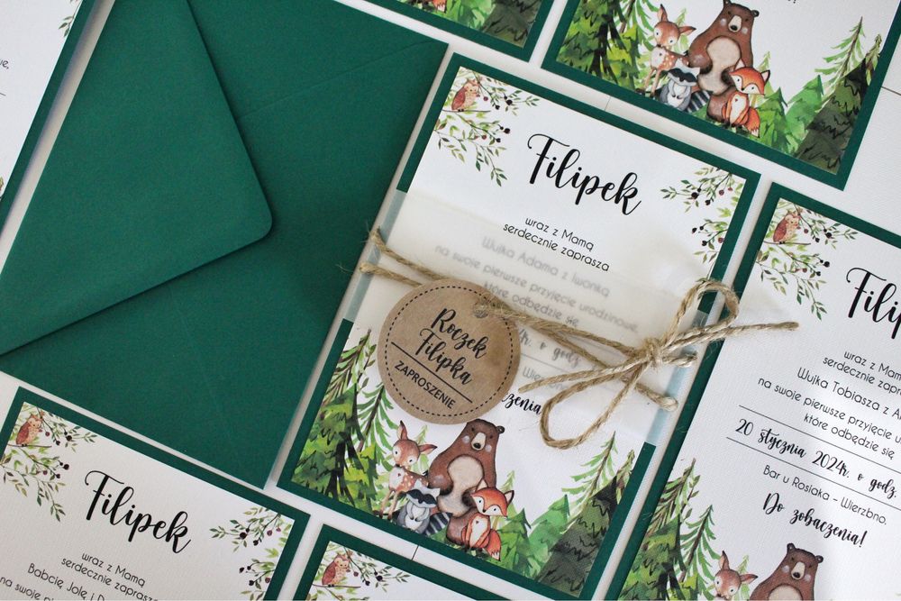 Zaproszenia na roczek urodziny urodzinowe chrzest leśne