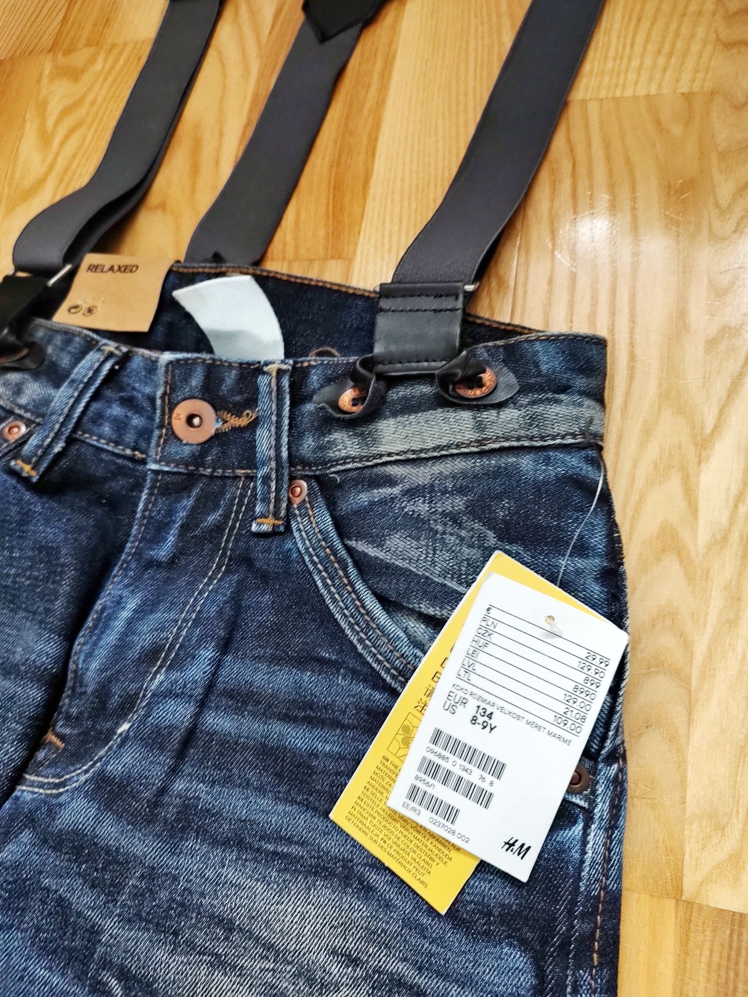 Nowe spodnie jeansowe z szelkami h&m r.134