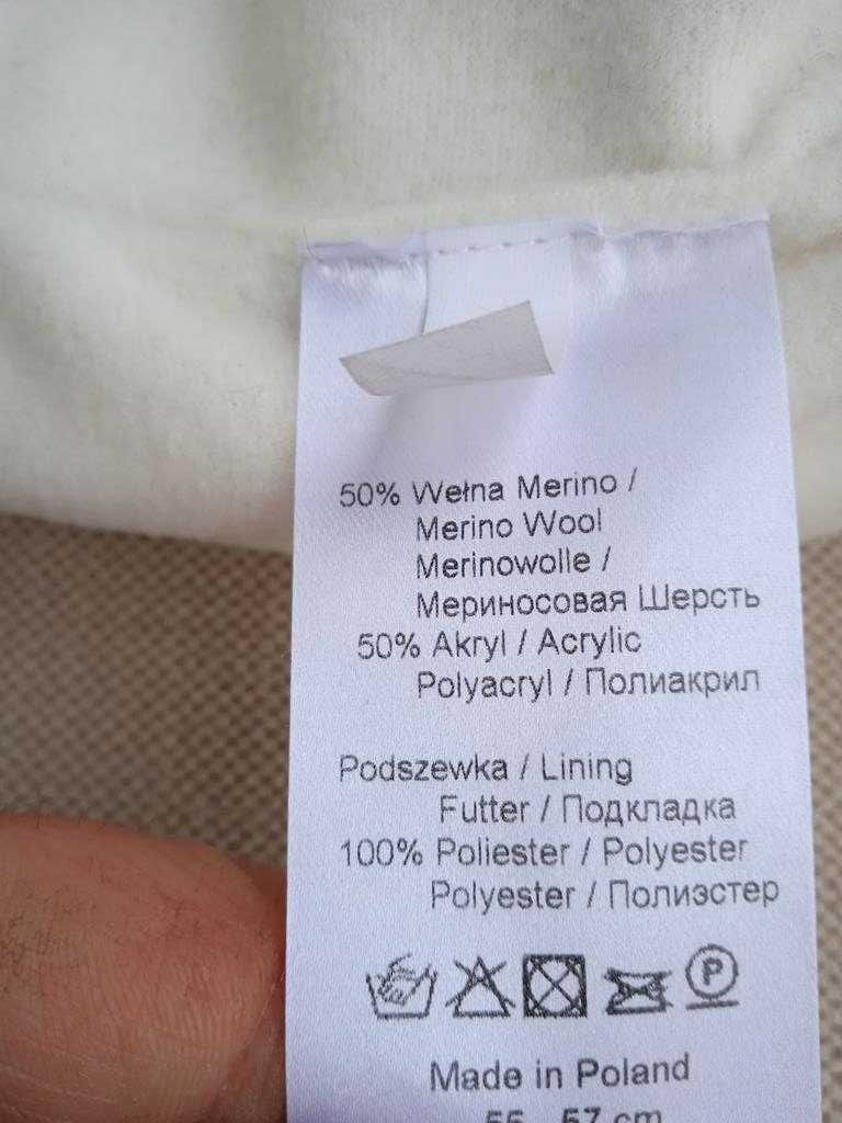 Czapka z wełny Merino ecru z podszewką, kremowa okazja