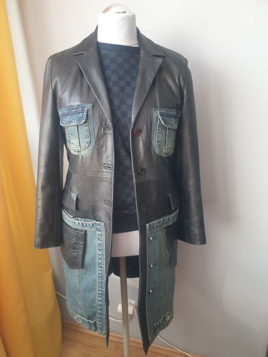 Płaszcz skórzany M damski jeans długi czarny