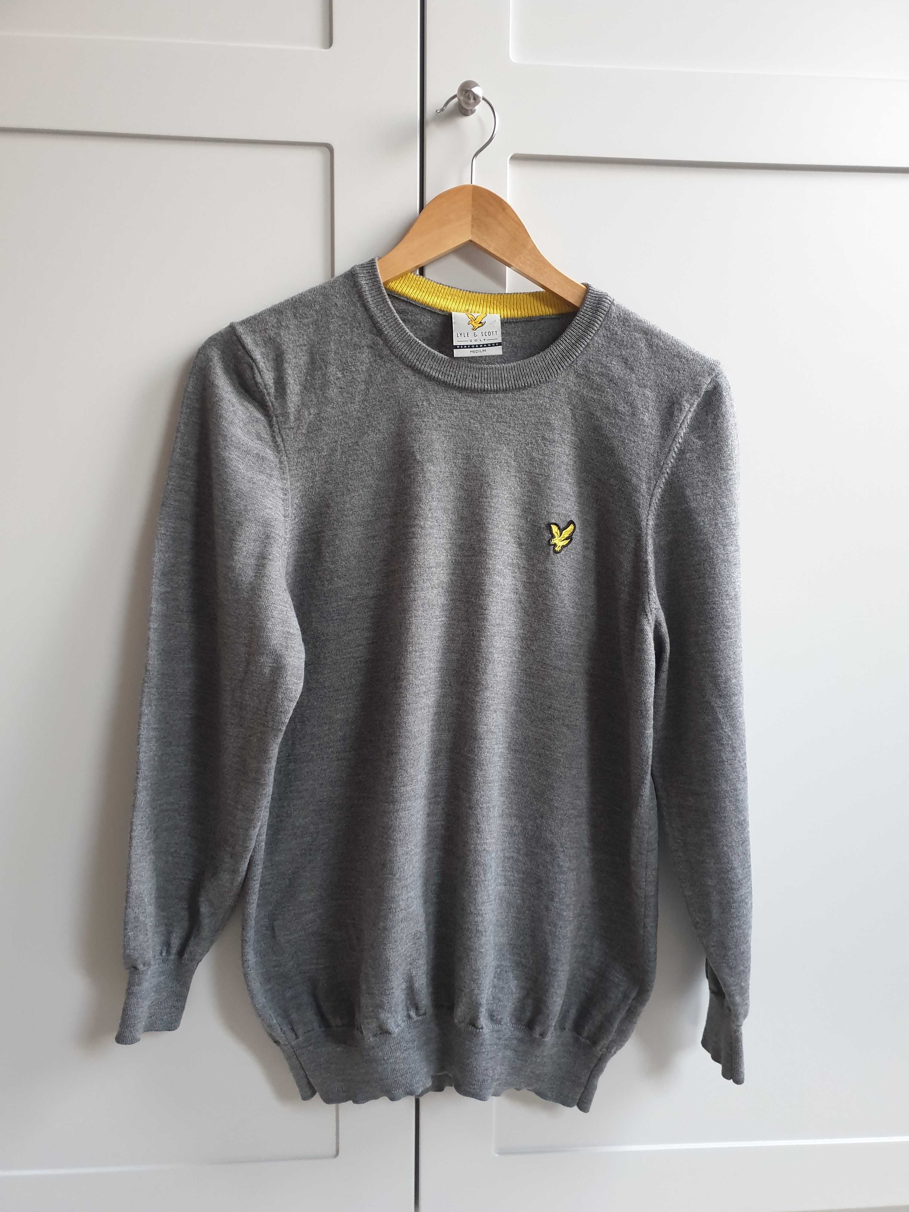 Wełniany szary sweter męski 100% wełna Lyle & Scott golf M S