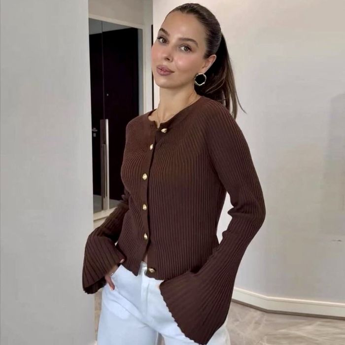Шоколадний кардиган із золотою фурнітурою, кардиган шоко на ґудзиках