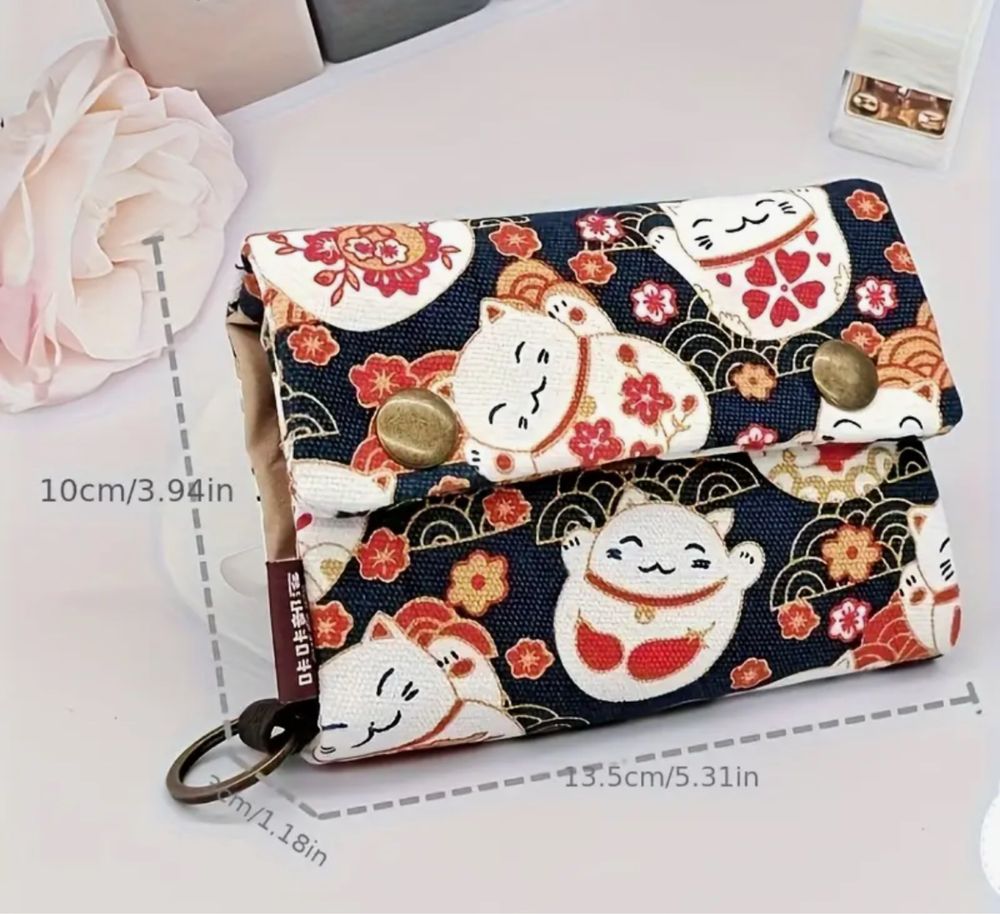 Porta-moedas em tela estampada gatos, com vários compartimentos, nova