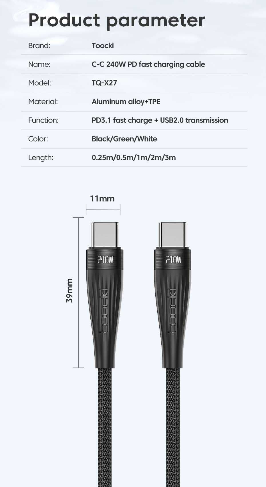 Kabel USB typ C-USB typ C Toocki 1 metr 60W Mocny Czarny/Biały