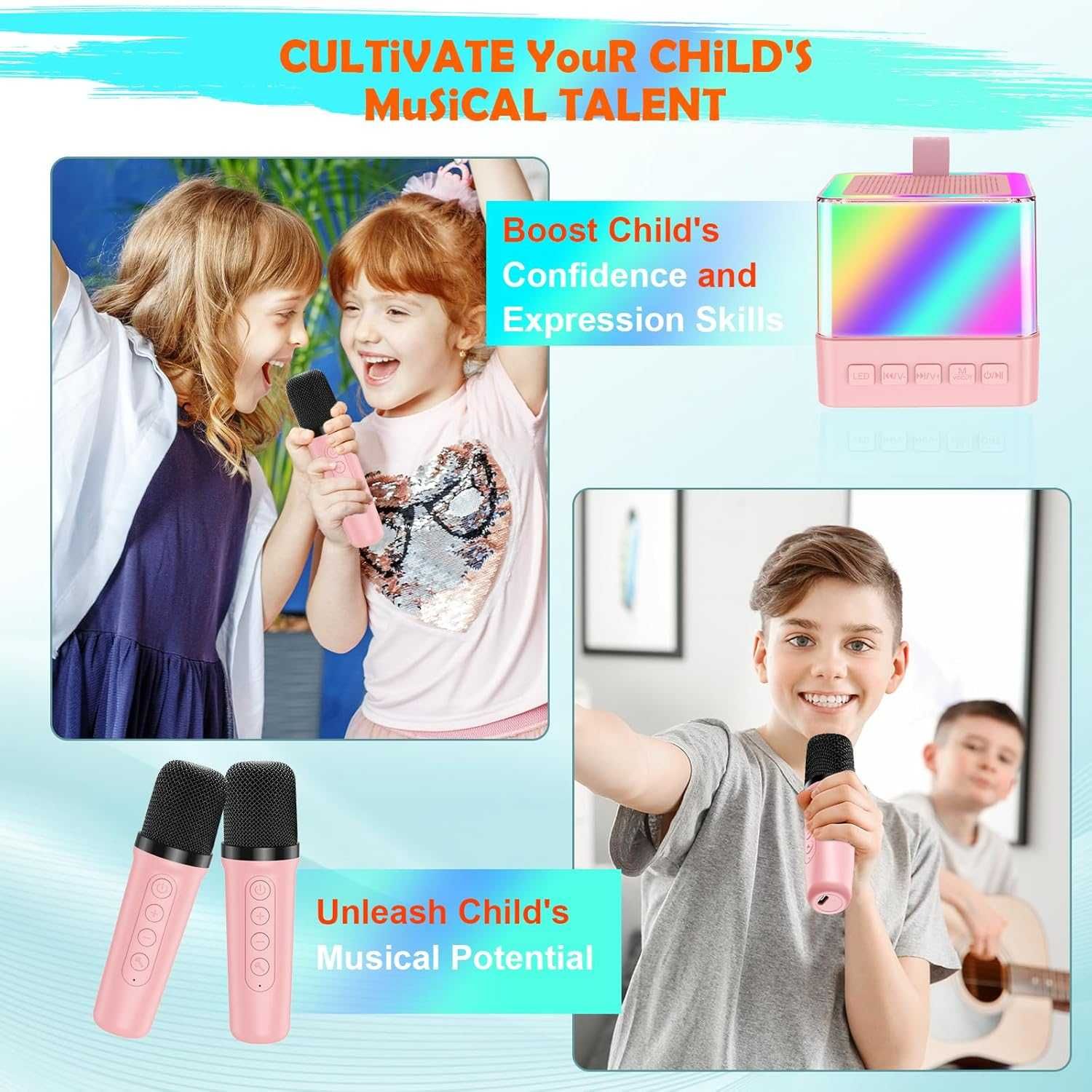 Głośnik Bluetooth + mikrofon mały zestaw karaoke + efekty świetle LED