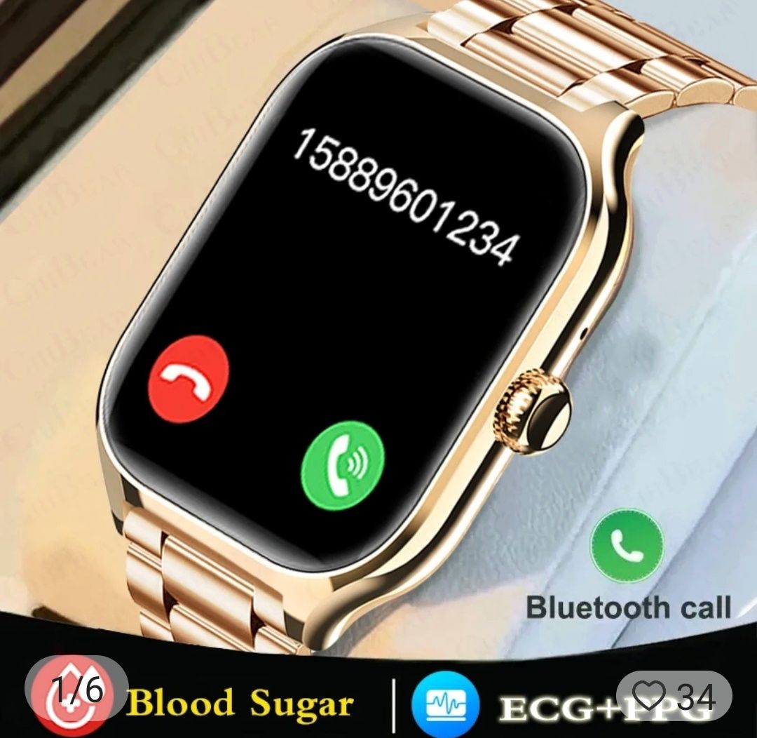 Piękny Nowy Damski Smartwatch Złoty Zegarek Medyczny Pomiar Cukru