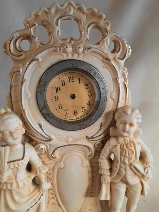 Piękny Zegar Kominkowy Secesja Porcelit