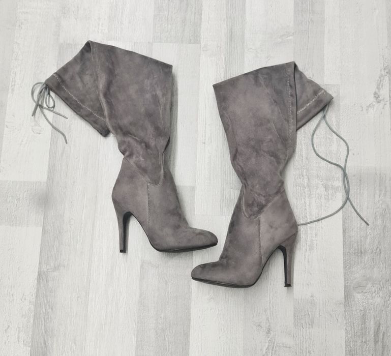 Kozaki za kolano muszkieterki szare szpilka jak nowe rozm. 37