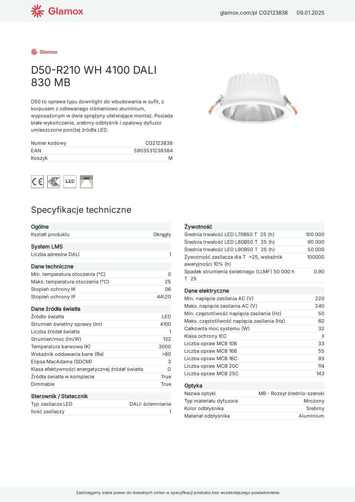 Oprawa LED Downlight GLAMOX D50-R210 WH 4100 DALI 830 MB