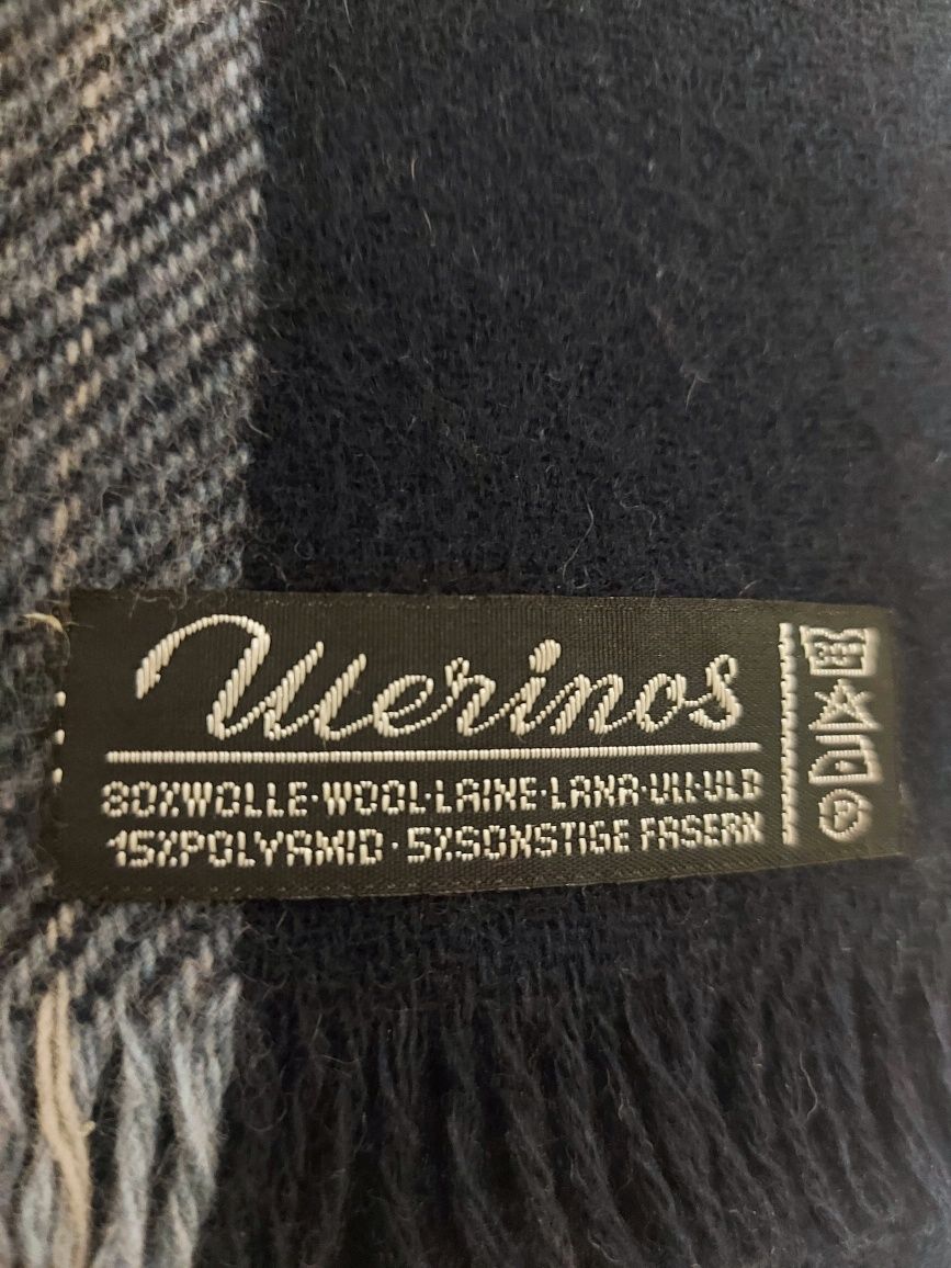 Szalik w kratę Merinos 80% wełna wool granatowy niebieski