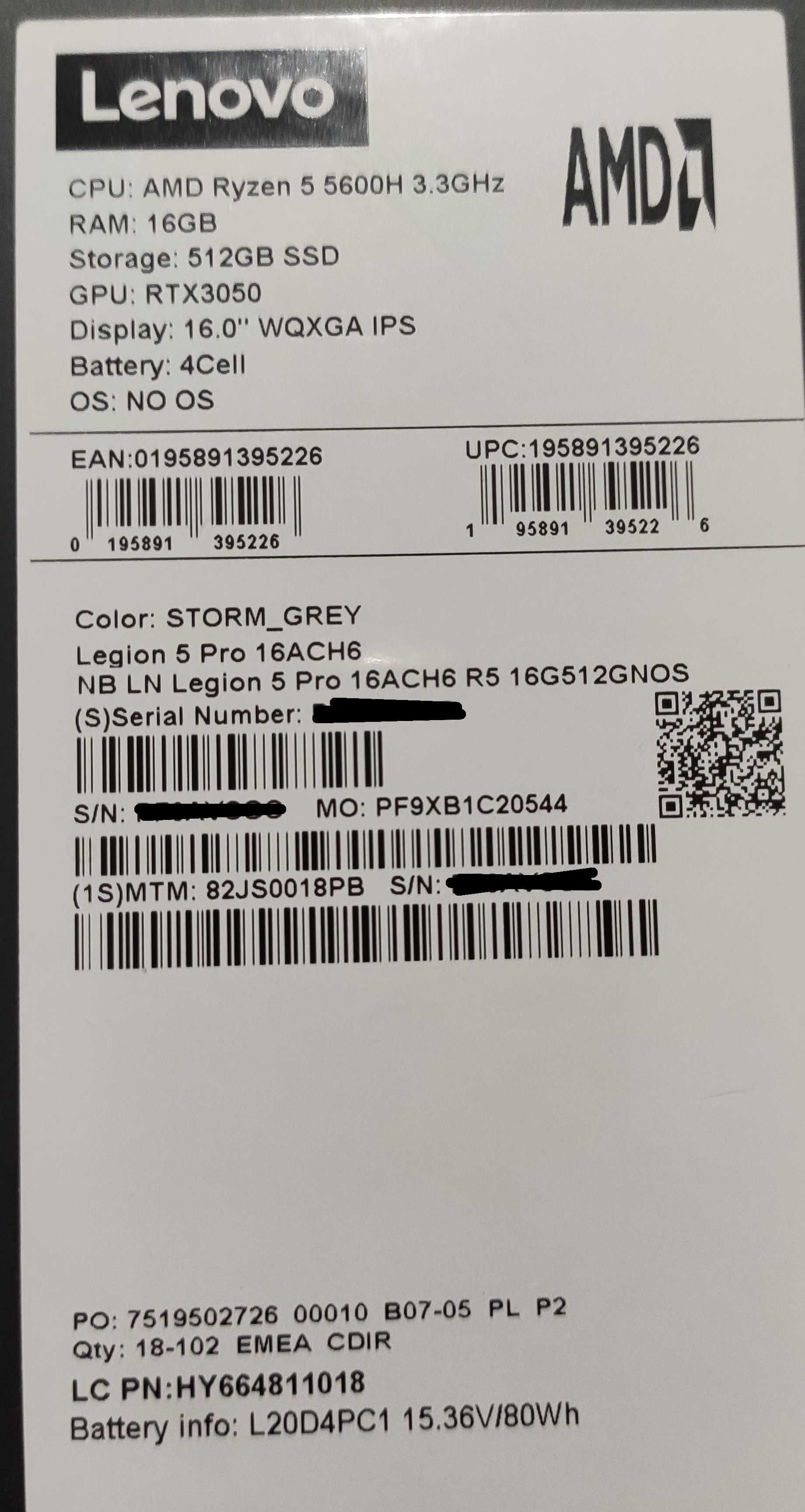 Lenovo Legion 5 Pro экран 16" 2560x1600 165Hz 5600H 16/512Gb RTX 3050
