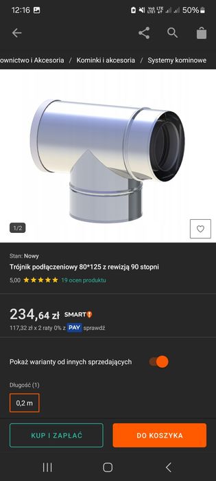 Ustnik poziomy długi 80x120 dł. 750mm, rura, komin, junkers, piec