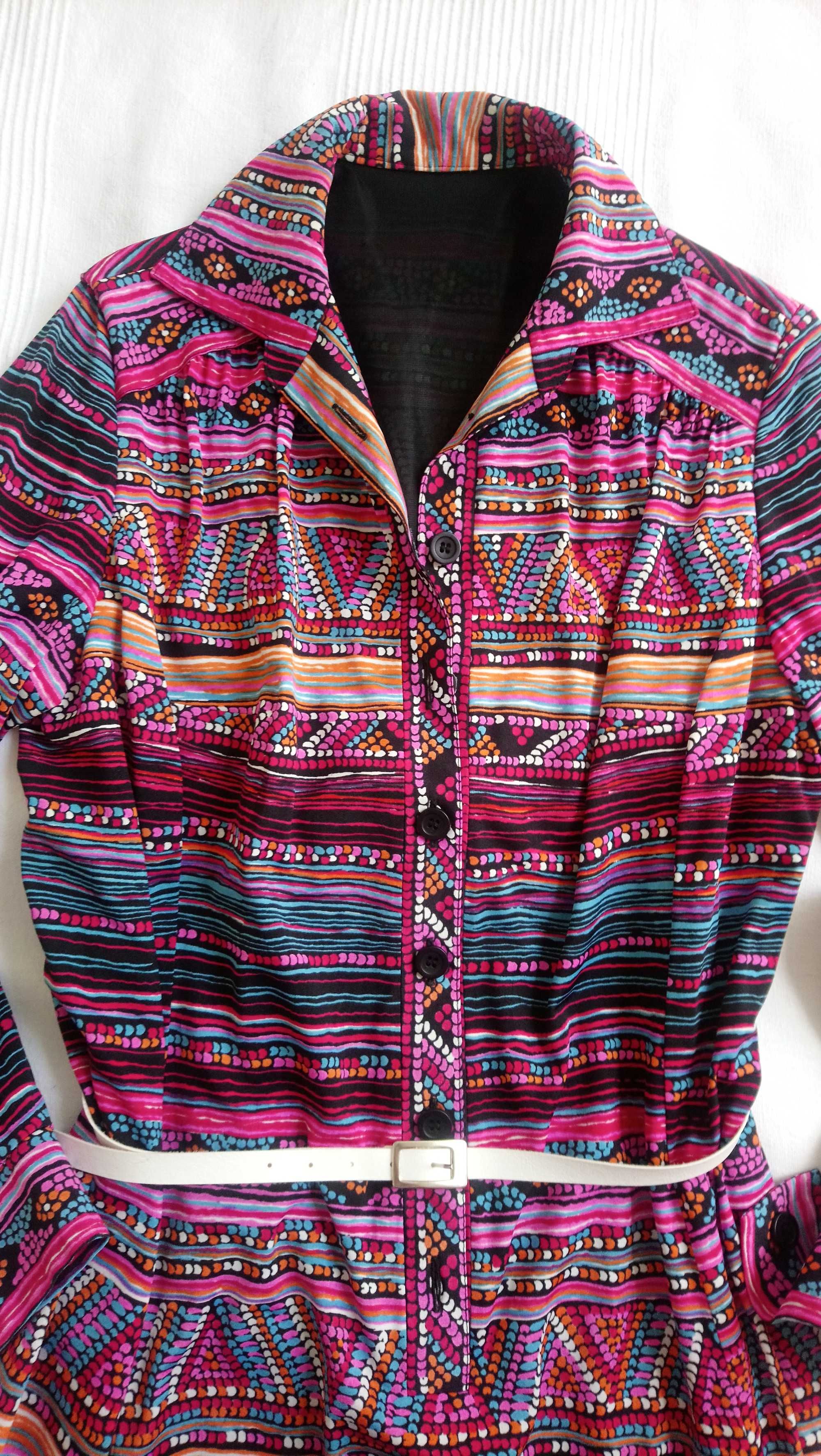 Sukienka kolorowa midi, hippi, boho lata 70, wzorki fioletowa