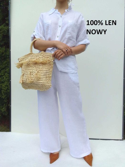 Lniany komplet spodnie koszula 100% len puro lino S M L uniwersalny