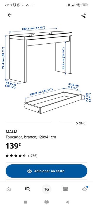 Toucador Malm. Ótimo estado. Só o móvel. Não incluí espelho.