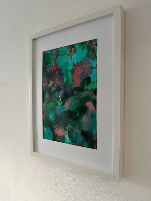 Pintura abstrata em acrílico em tons de azul e verde com moldura 30x40