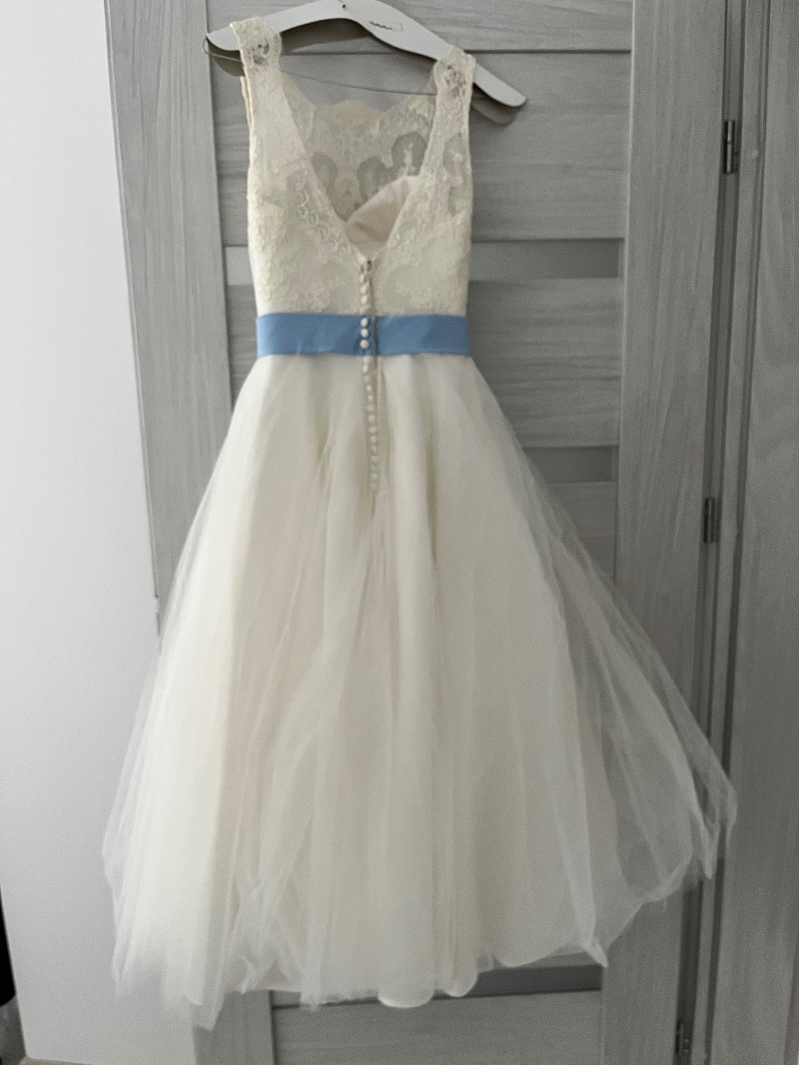 Suknia ślubna księżniczka midi 36 śmietankowa jasnoniebieski pasek