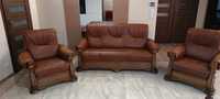 Stylowy komplet wypoczynkowy, skóra, sofa + fotele