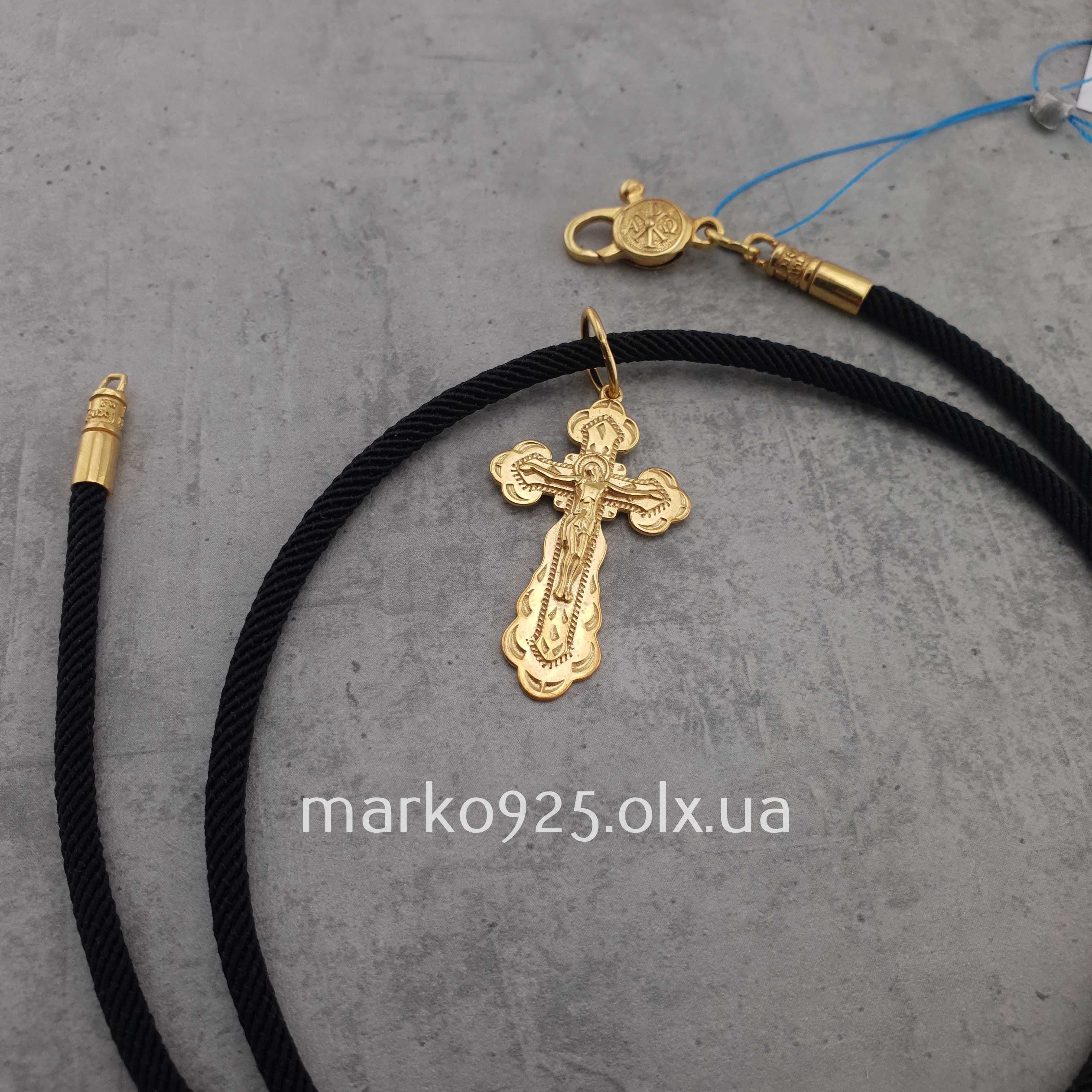 Середній срібний хрест чоловічий шовковий шнур 3 мм позолота 585