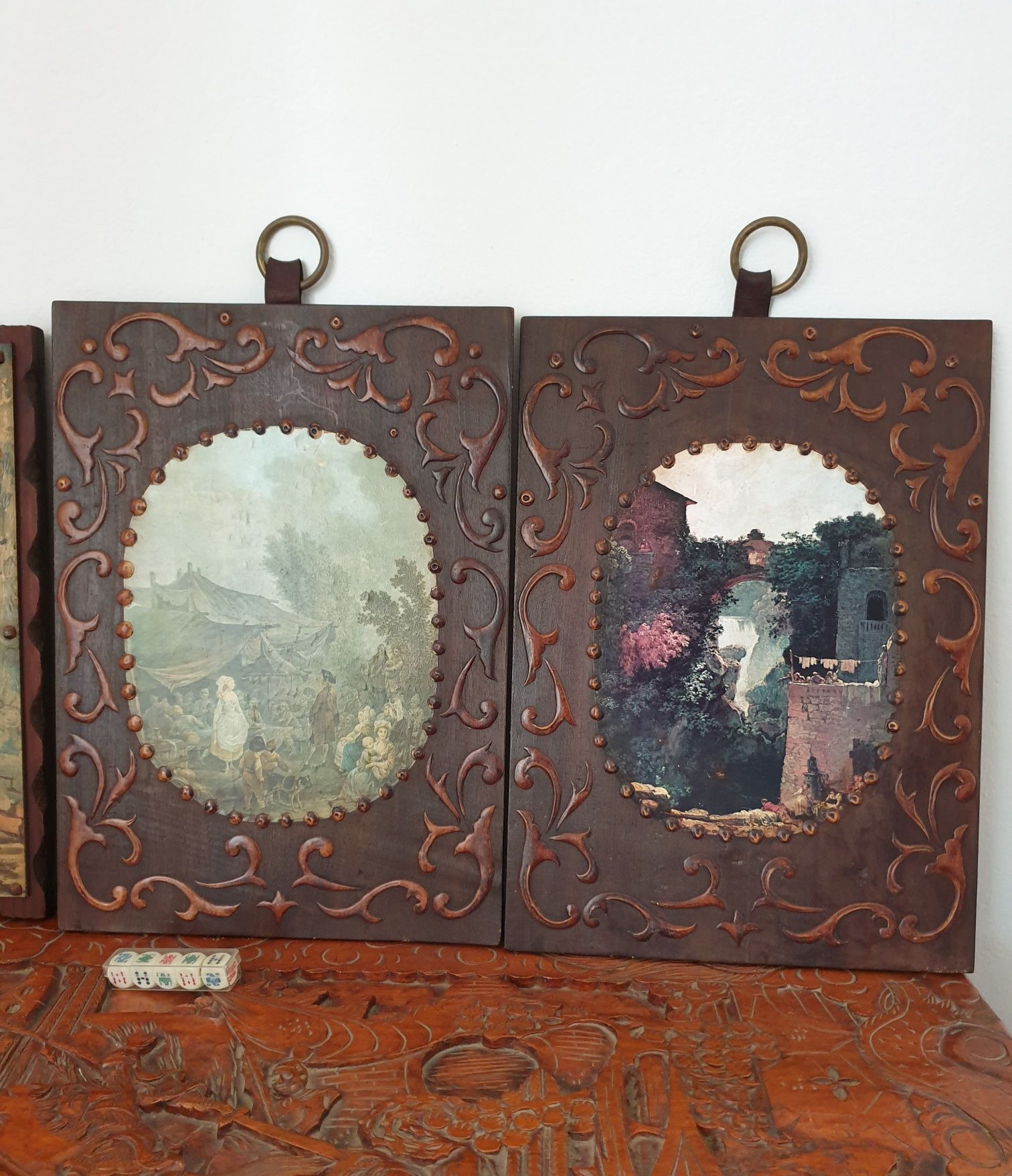 Quadros antigos paisagem madeira ferro couro dados poker arca cânfora