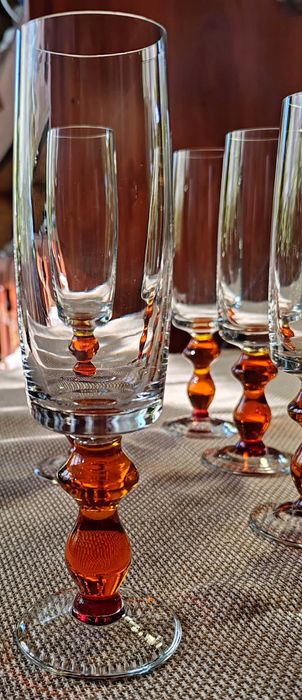 Kieliszki do szampana, pomarańczowa nóżka, Sadowski, Sudety PRL