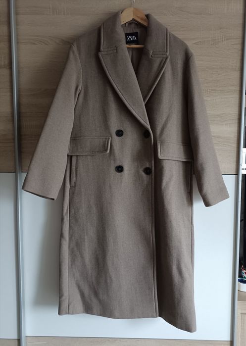 Płaszcz damski oversize z domieszką wełny beżowy Zara