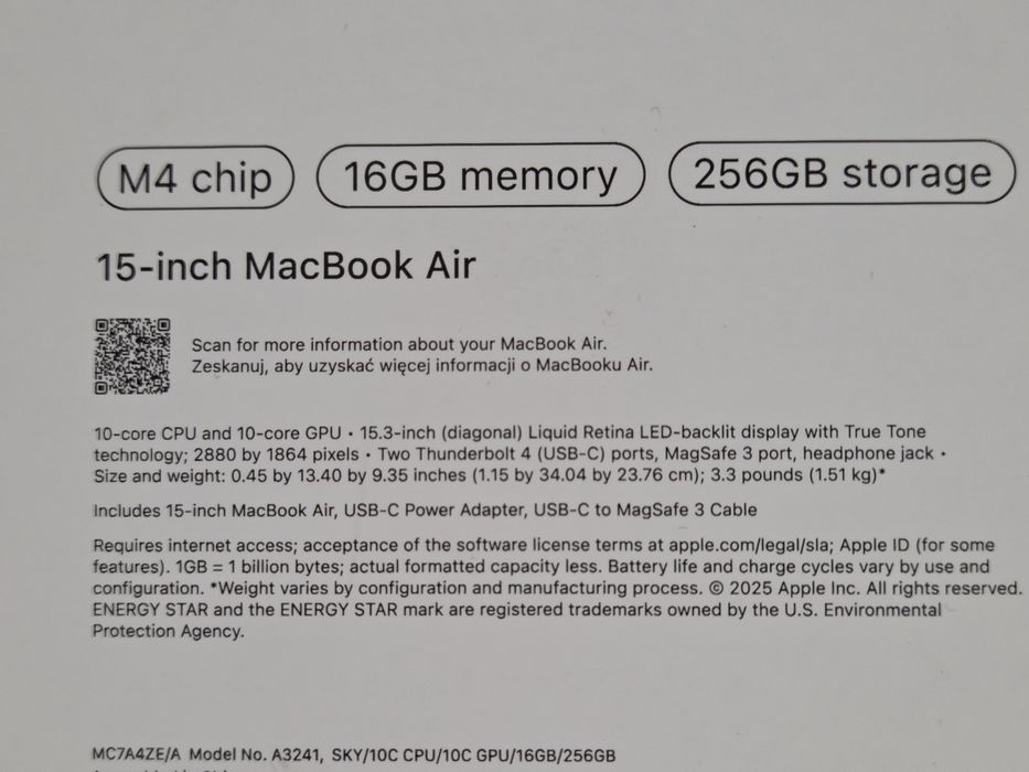 Nowy MacBook Air 15' M4 16/256GB Sky Blue