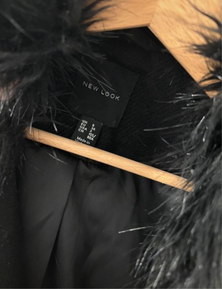 płaszcz New Look 34 xs czarny futerko jak nowy