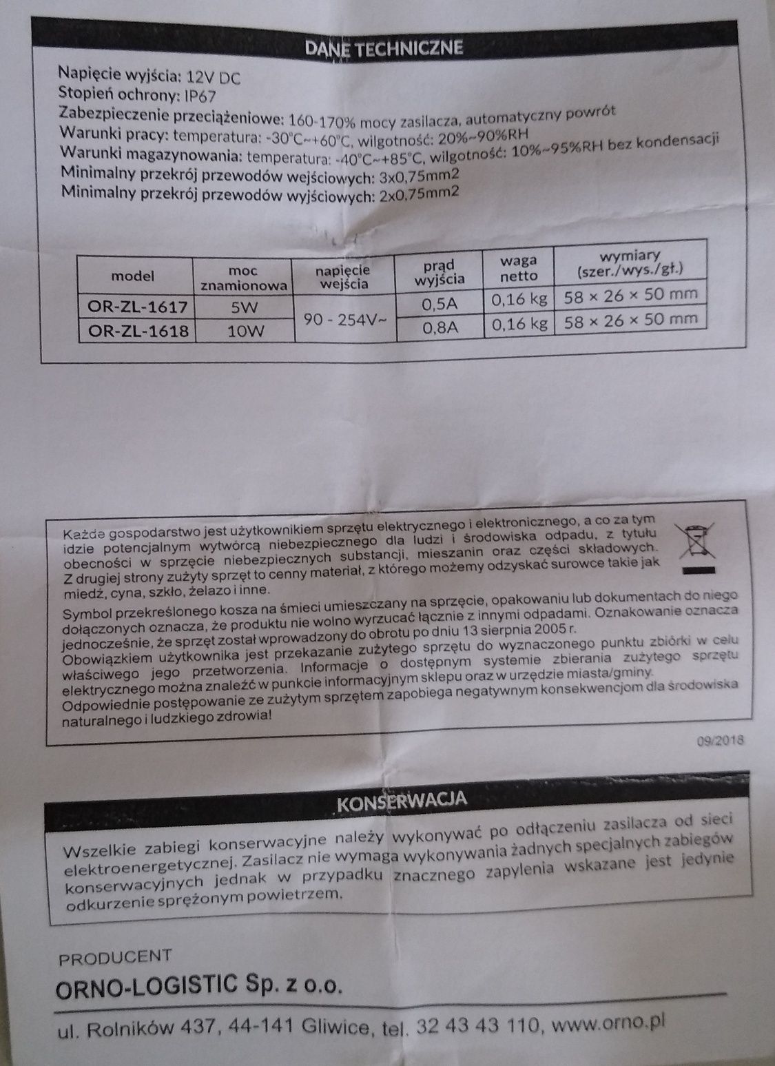 Zasilacz LED do puszki - firma Orno - AC/DC LED 5W, IP67