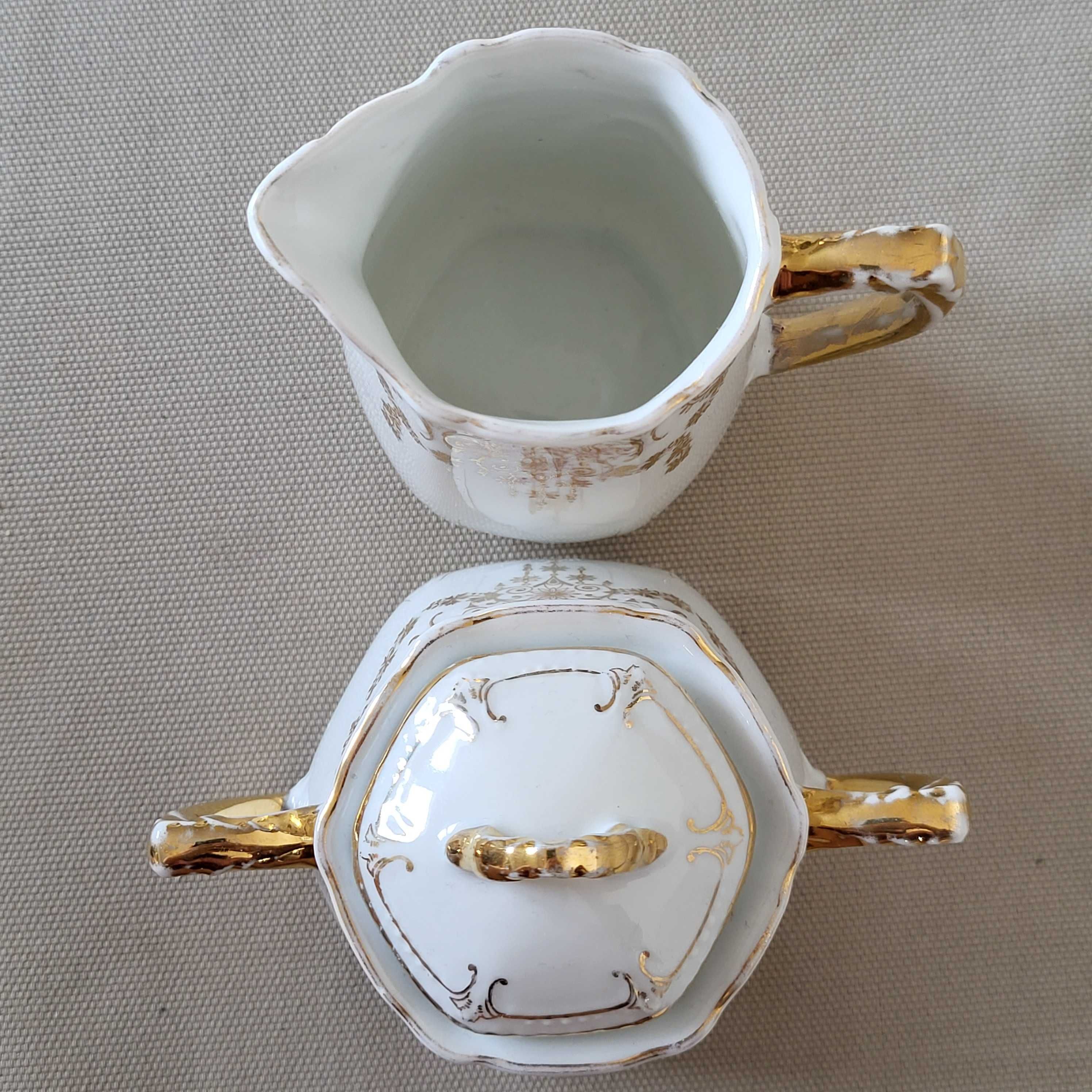 Porcelanowy mlecznik i cukiernica złocona porcelana z wyciskiem antyki