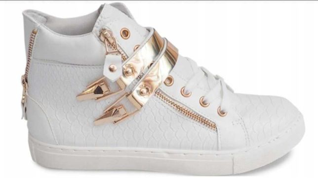 Buty sportowe sneakersy klamry złote zamki wąż wyższe wiązane 39 białe