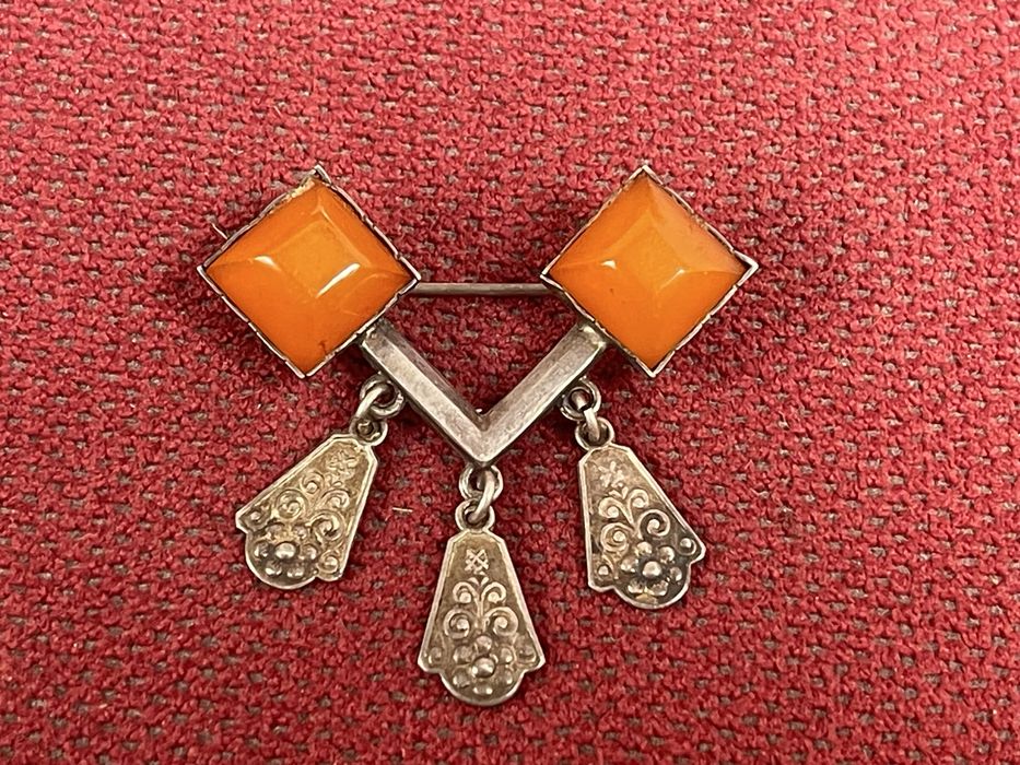 Królewiec Stara Autorska Srebrna Broszka z Bursztynem Sygnowana