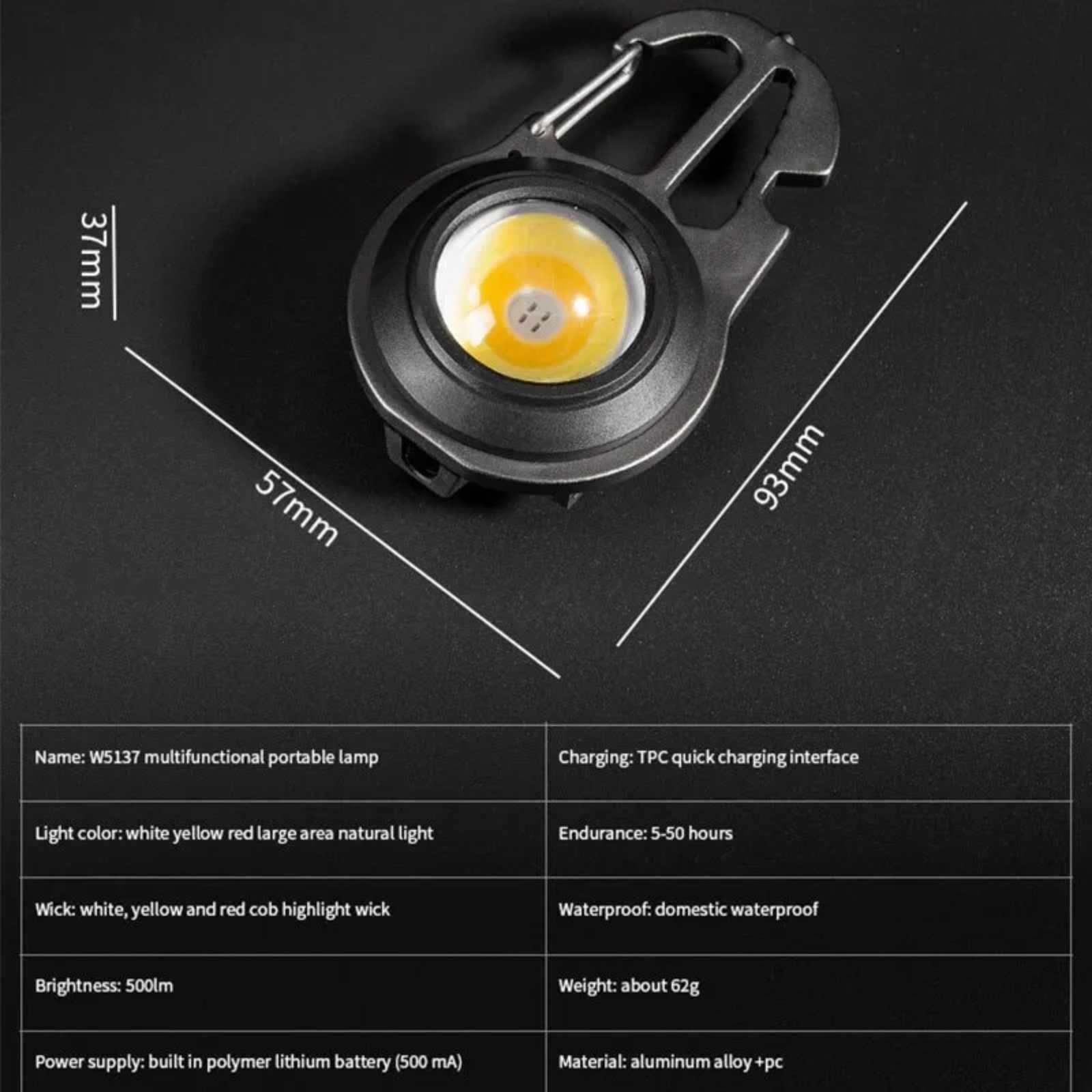LED фонарик с карабином W5137 с Type-C 7 режимов черный