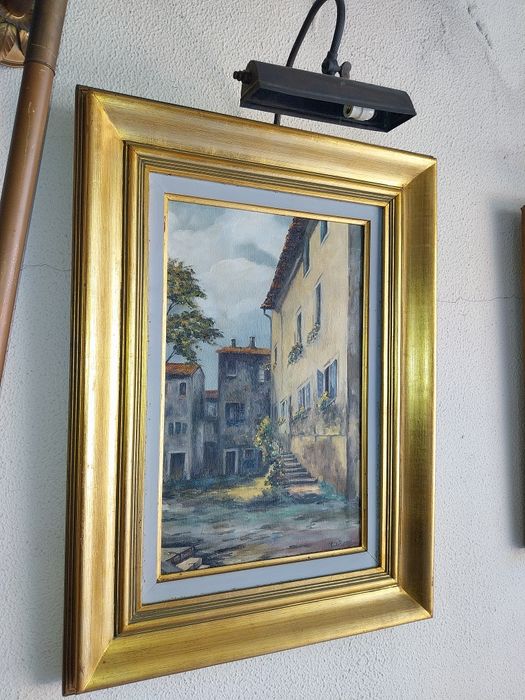 Quadro antigo talha dourada com candeeiro