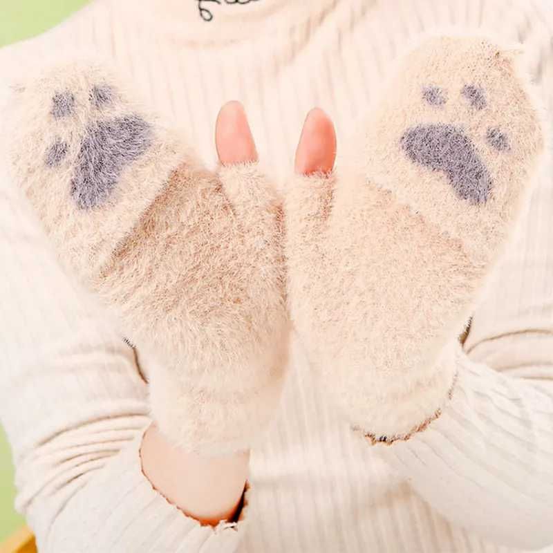 Мягкие перчатки-варешки теплые без пальцев с котиком лапкой Каваий